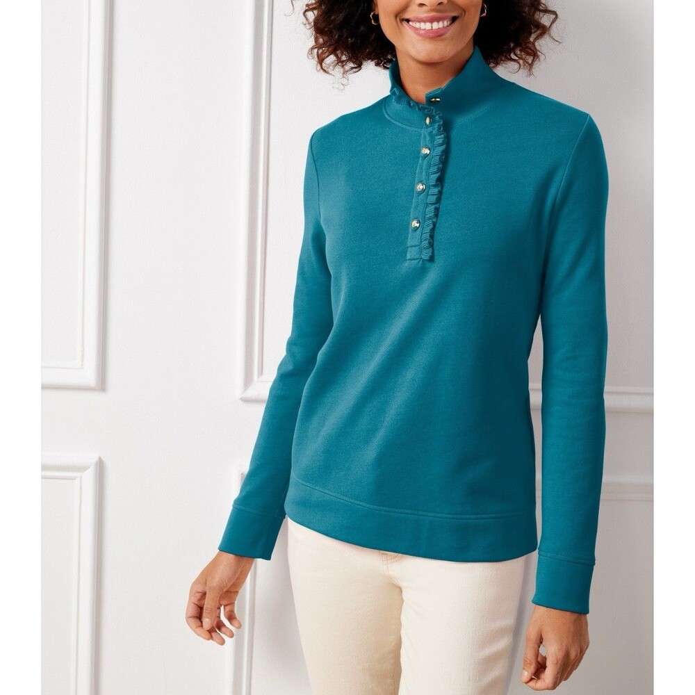 Talbots Women’s L Teal Ruffle‎ Placket 100% Cotton Mockneck Pullover Sweatshirt